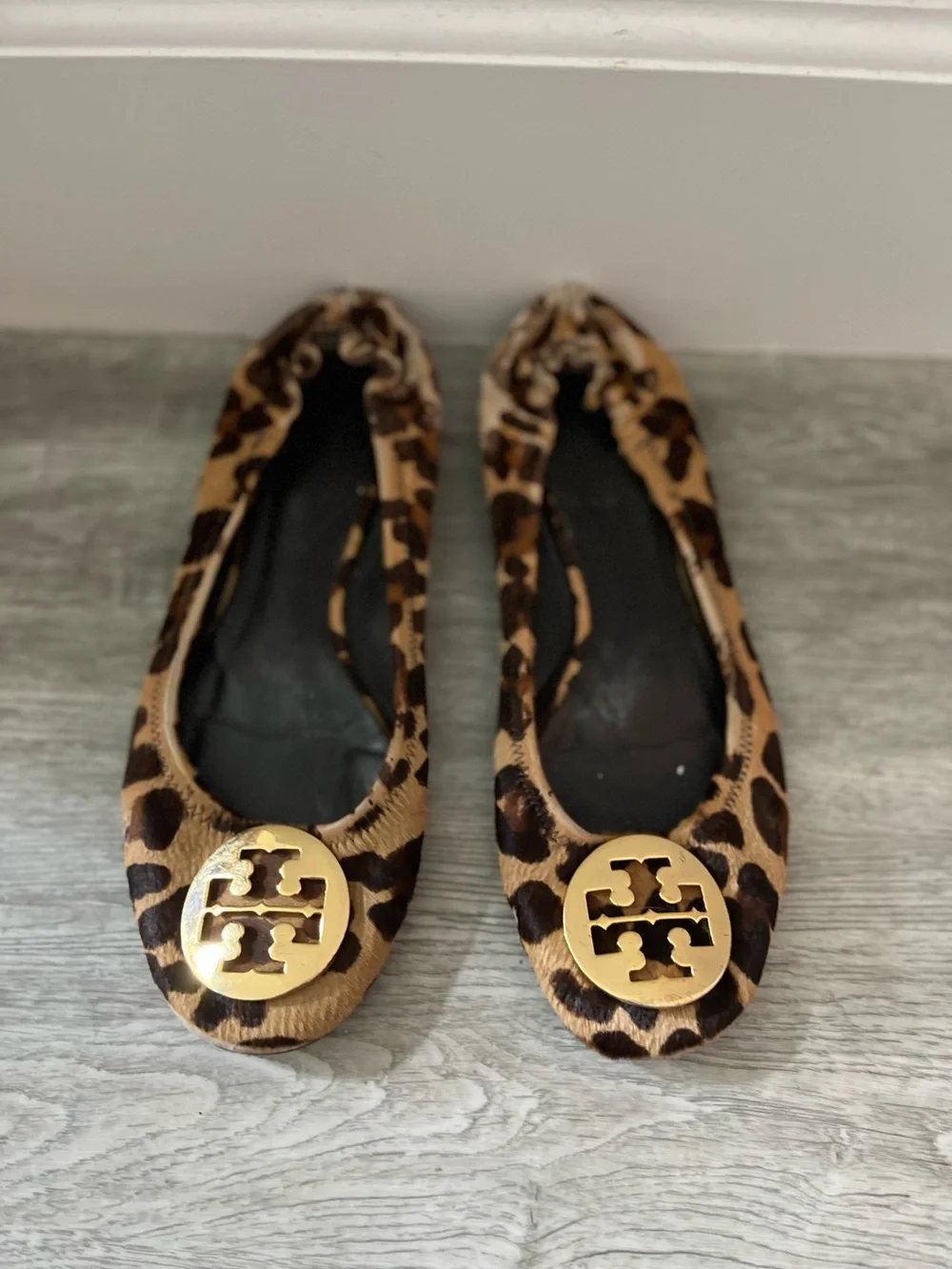 Tory Burch Leopard-Print Reva Flats with Gold Logo